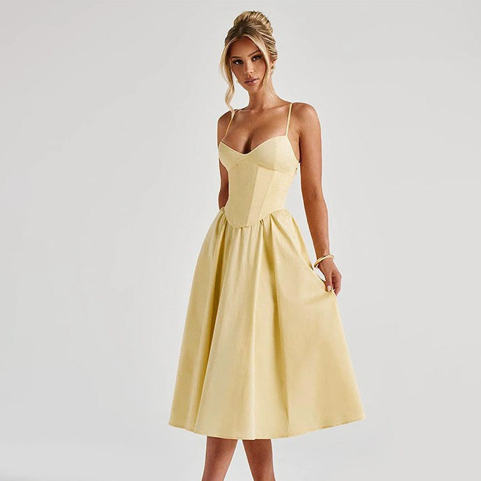 Solid-color waist-cinching one-piece long dress