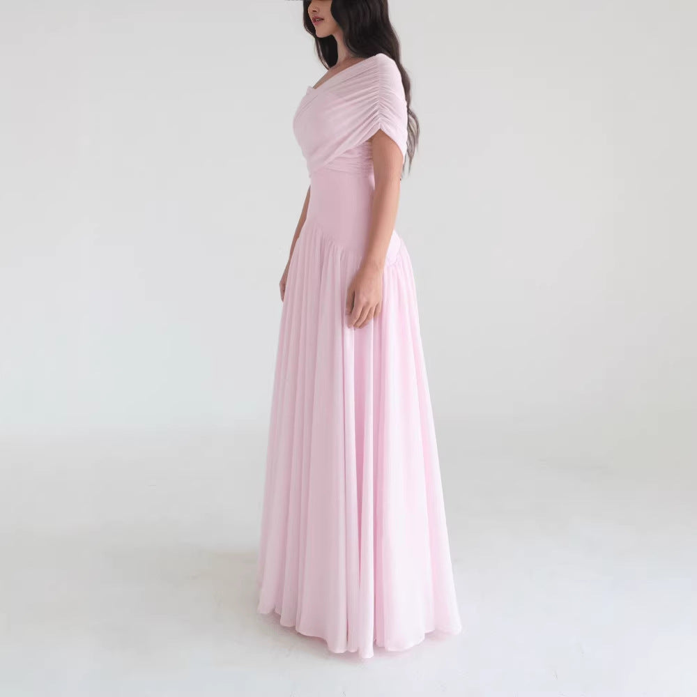 A gentle and romantic short-sleeved long dress with a light and elegant cross-design for women's wear