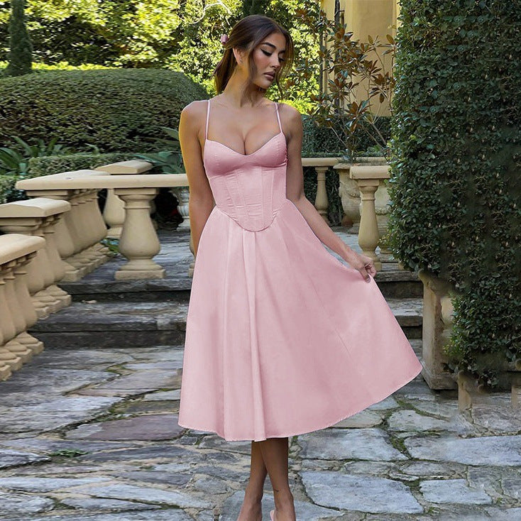 Solid-color waist-cinching one-piece long dress