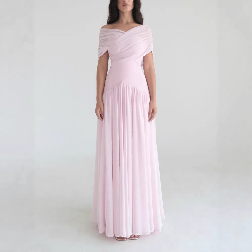 A gentle and romantic short-sleeved long dress with a light and elegant cross-design for women's wear