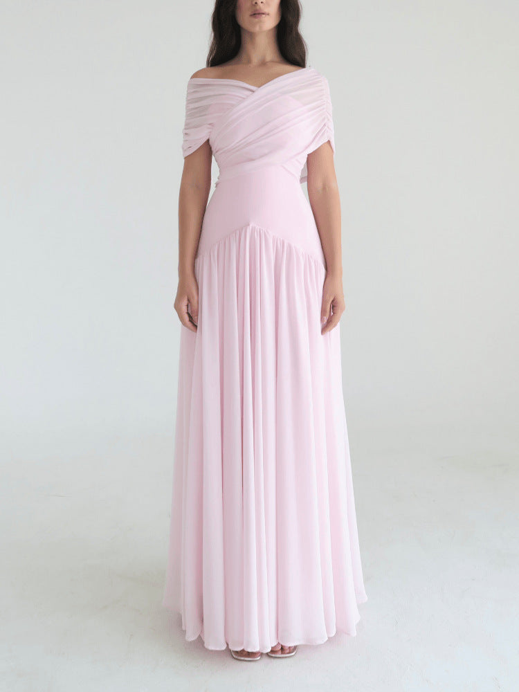 A gentle and romantic short-sleeved long dress with a light and elegant cross-design for women's wear
