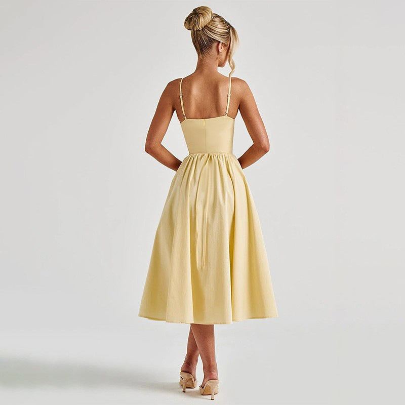 Solid-color waist-cinching one-piece long dress