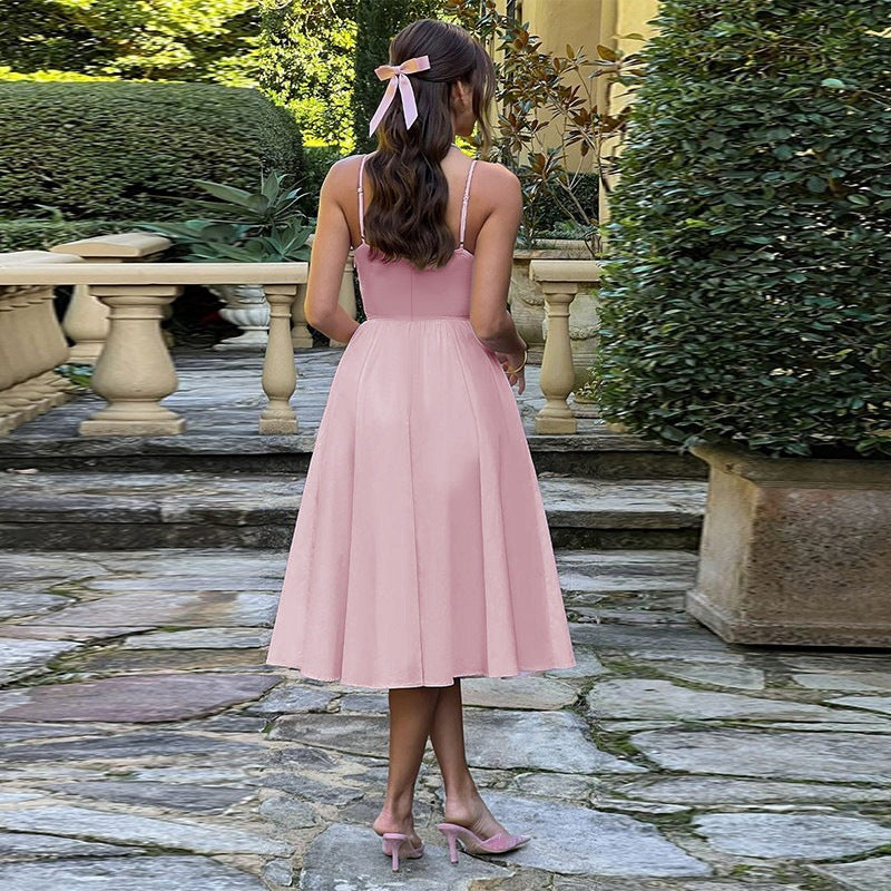 Solid-color waist-cinching one-piece long dress