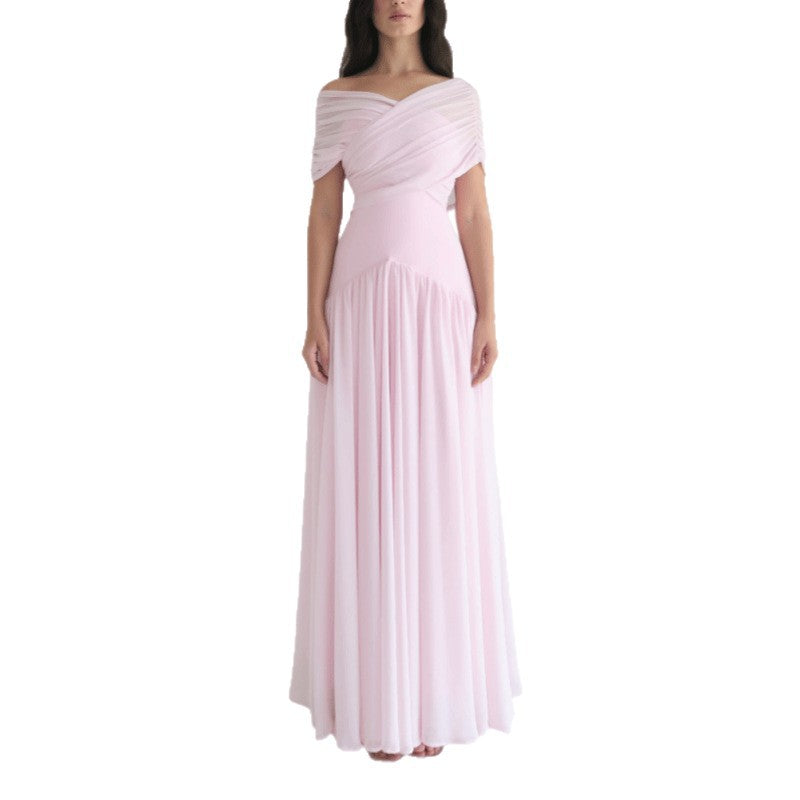 A gentle and romantic short-sleeved long dress with a light and elegant cross-design for women's wear